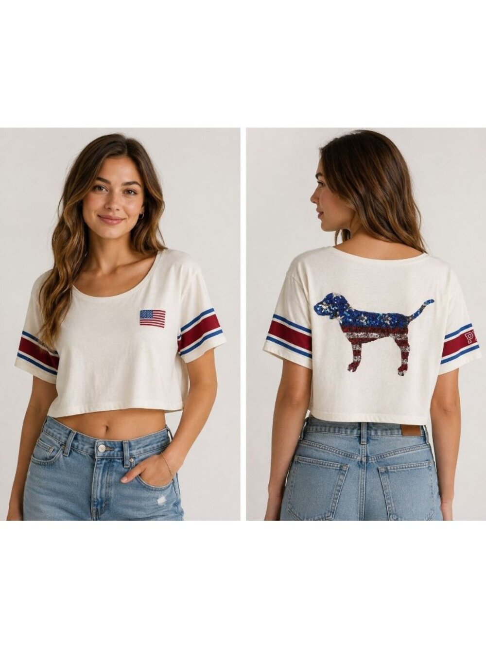VS Pink Crop Top Sequin Dog Flag USA Patriotic Red White Blue Small Embellished